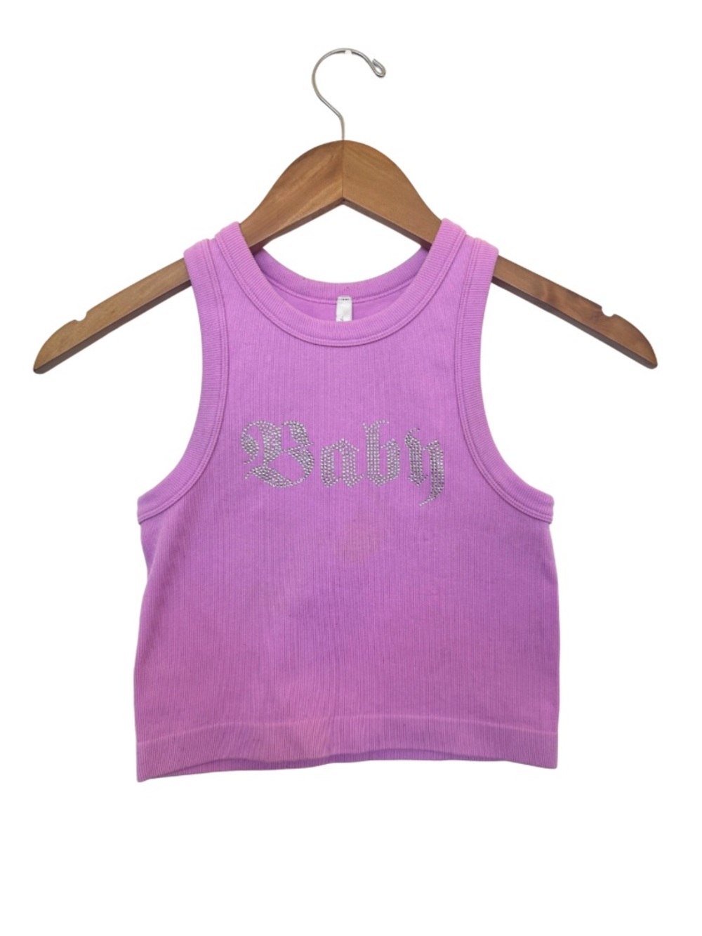 Lavender Rhinestone “Baby” Crop Tank Top | Size S/M